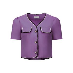 Tweed Jacket Contrast Color Button Down Short Sleeve Work Blazer Grey Purple